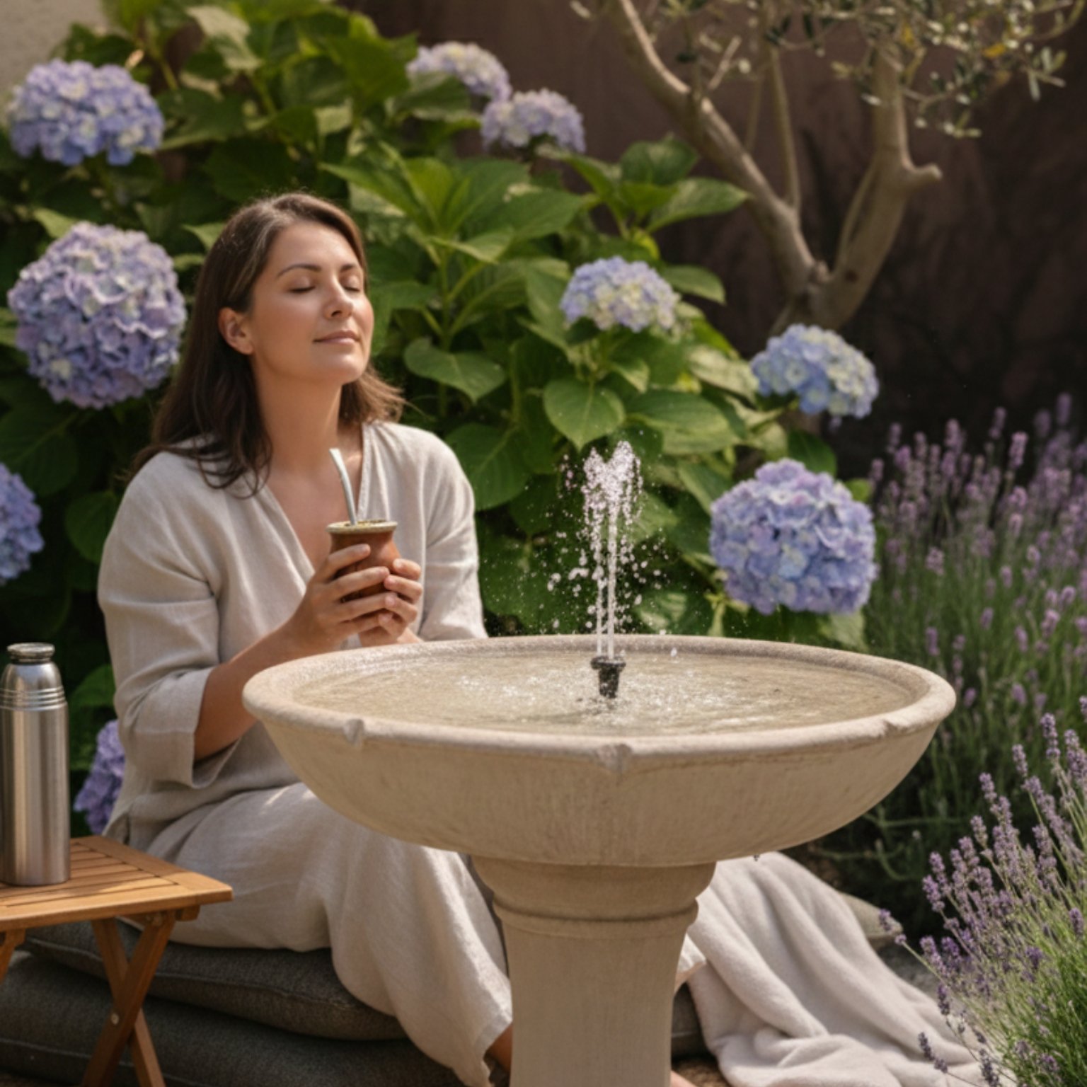 Jardín cuidado con una fuente protagonista